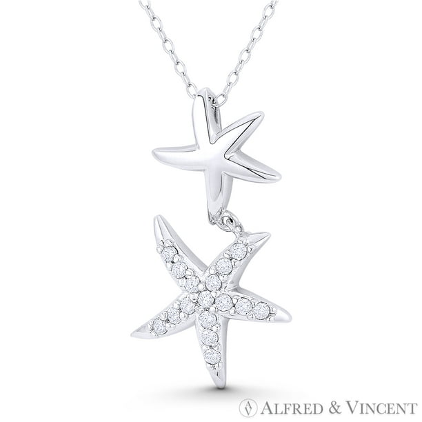 925 STERLING SILVER RHODIUM PLATED STARFISH SAPPHIRE PENDANT NECKLACE